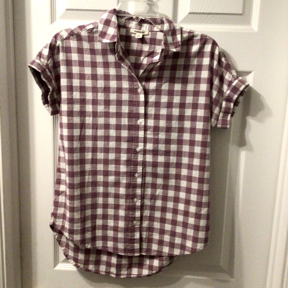Goodthreads Women’s  Lightweight Cotton Checkered Short Sleeve Shirt-siz…